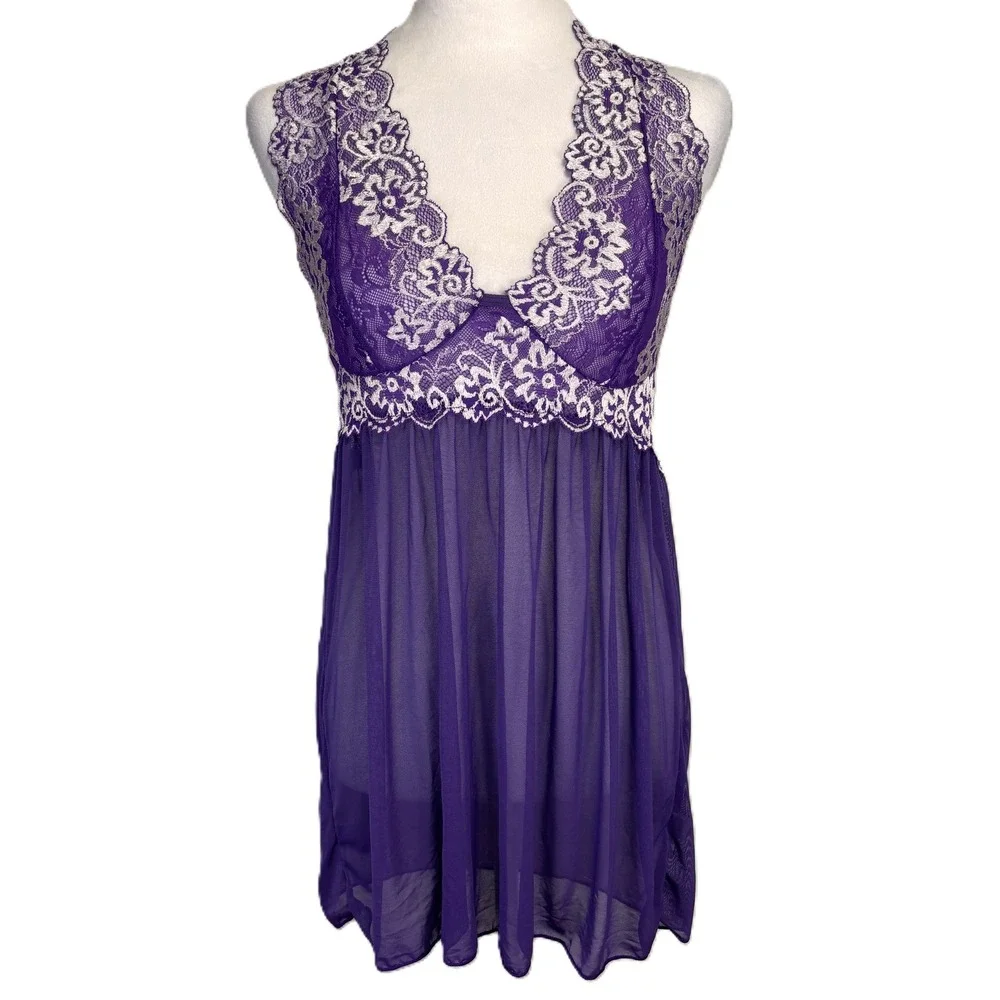 Babydoll Sheer Halter Slip Dress Women L Purple Floral Lace Festival Romantic
